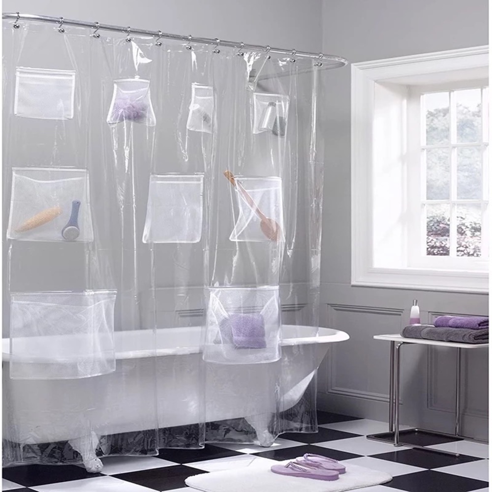 Bathroom Waterproof PEVA Clear Shower Curtain With Mesh Pockets